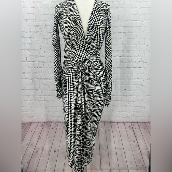 Zara Draped Black White Geometrical Checkered Retro Midi Long Sleeve Dress Small - Picture 1 of 13